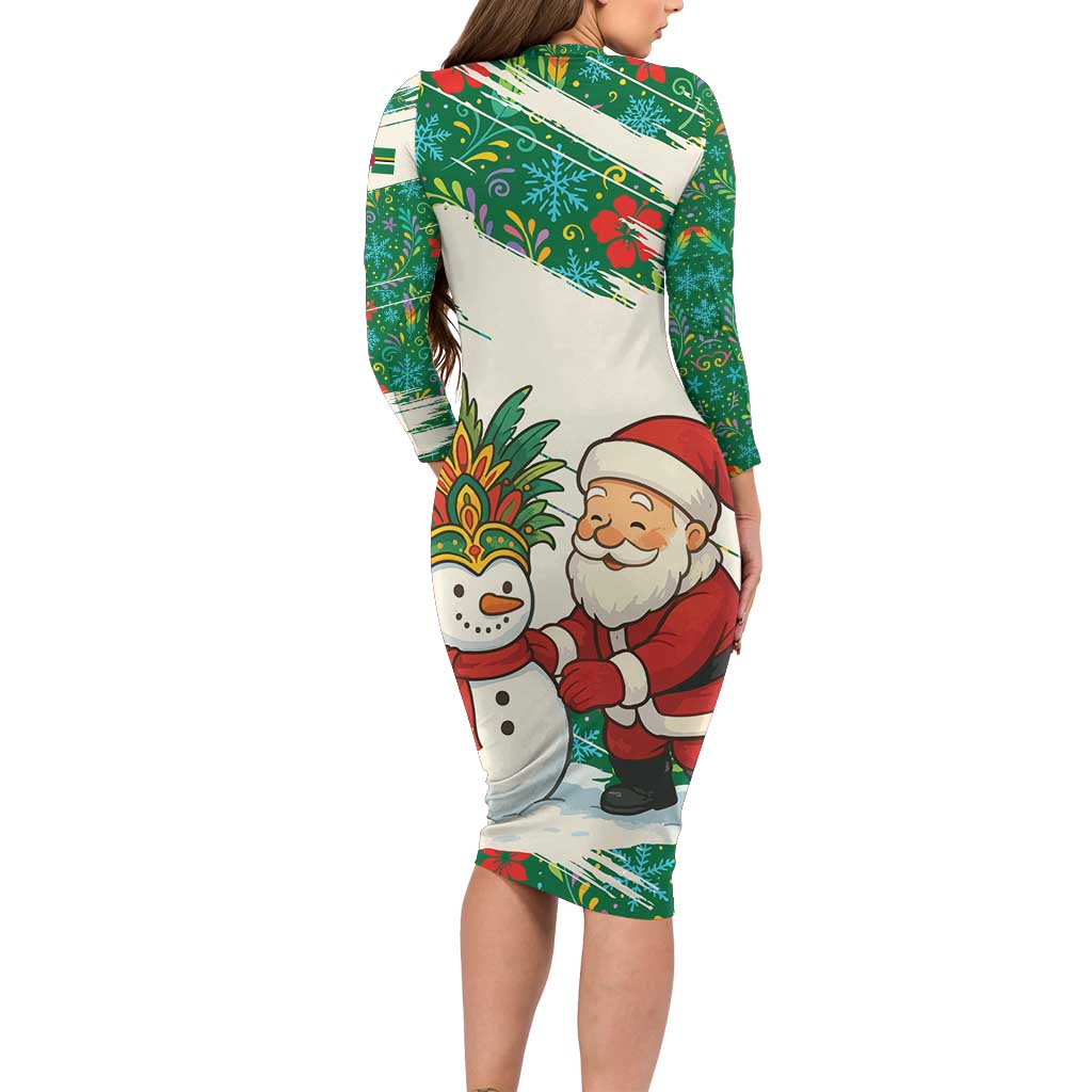 Dominica Christmas Family Matching Long Sleeve Bodycon Dress and Hawaiian Shirt with Santa Snowman and Tropical Carnival Headpiece - Wonder Print Shop