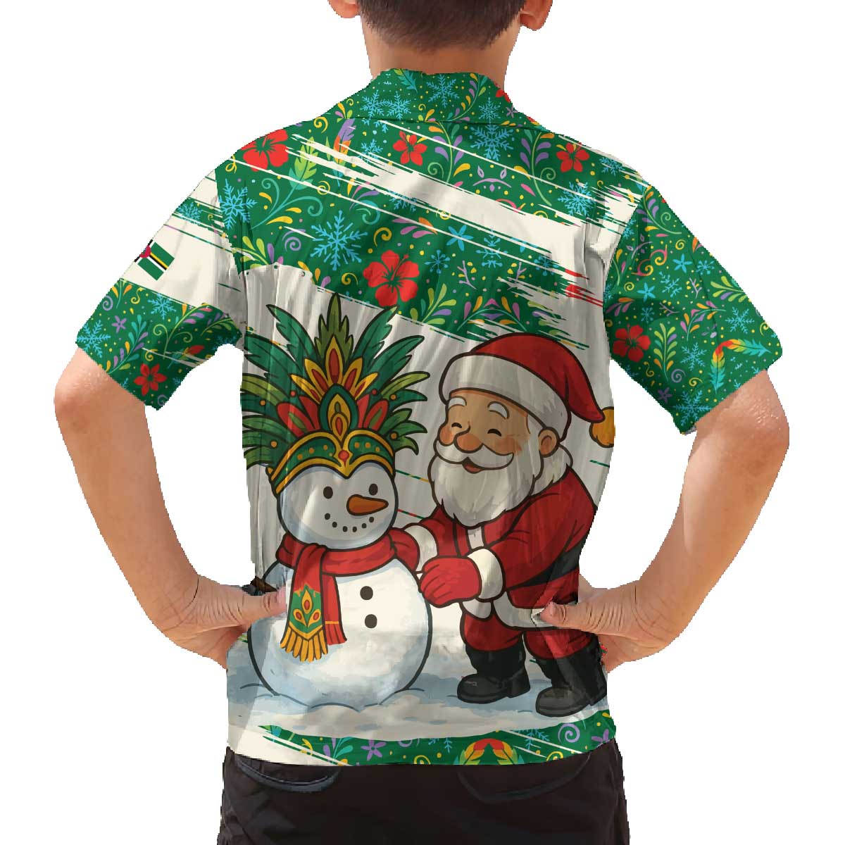 Dominica Christmas Family Matching Off The Shoulder Long Sleeve Dress and Hawaiian Shirt with Santa Snowman and Tropical Carnival Headpiece - Wonder Print Shop