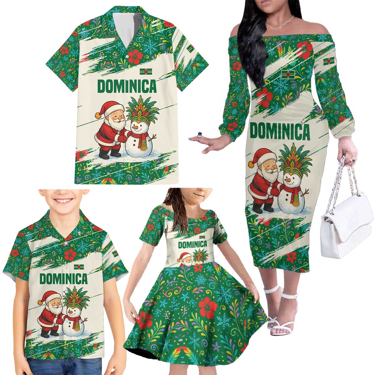 Dominica Christmas Family Matching Off The Shoulder Long Sleeve Dress and Hawaiian Shirt with Santa Snowman and Tropical Carnival Headpiece - Wonder Print Shop