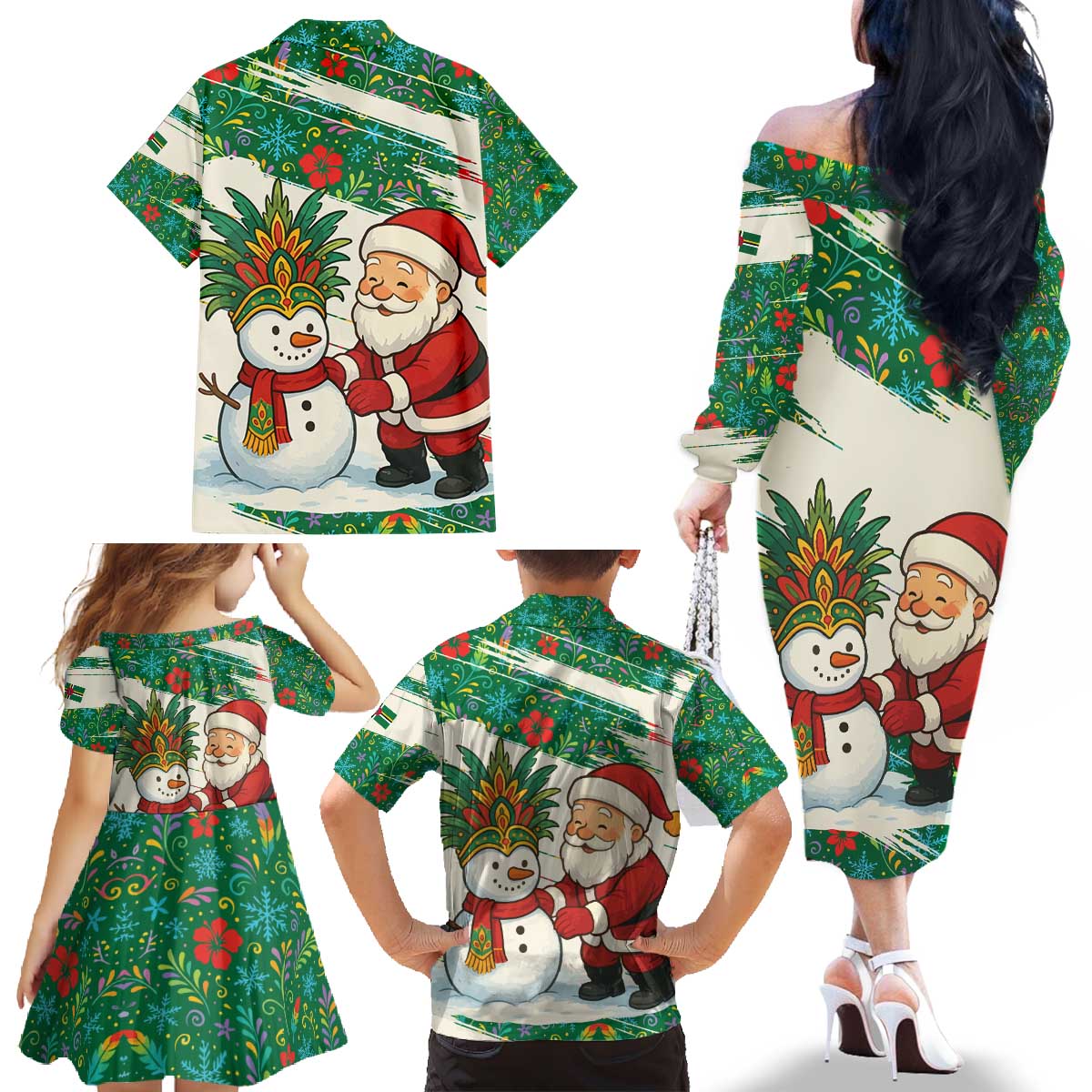 Dominica Christmas Family Matching Off The Shoulder Long Sleeve Dress and Hawaiian Shirt with Santa Snowman and Tropical Carnival Headpiece - Wonder Print Shop