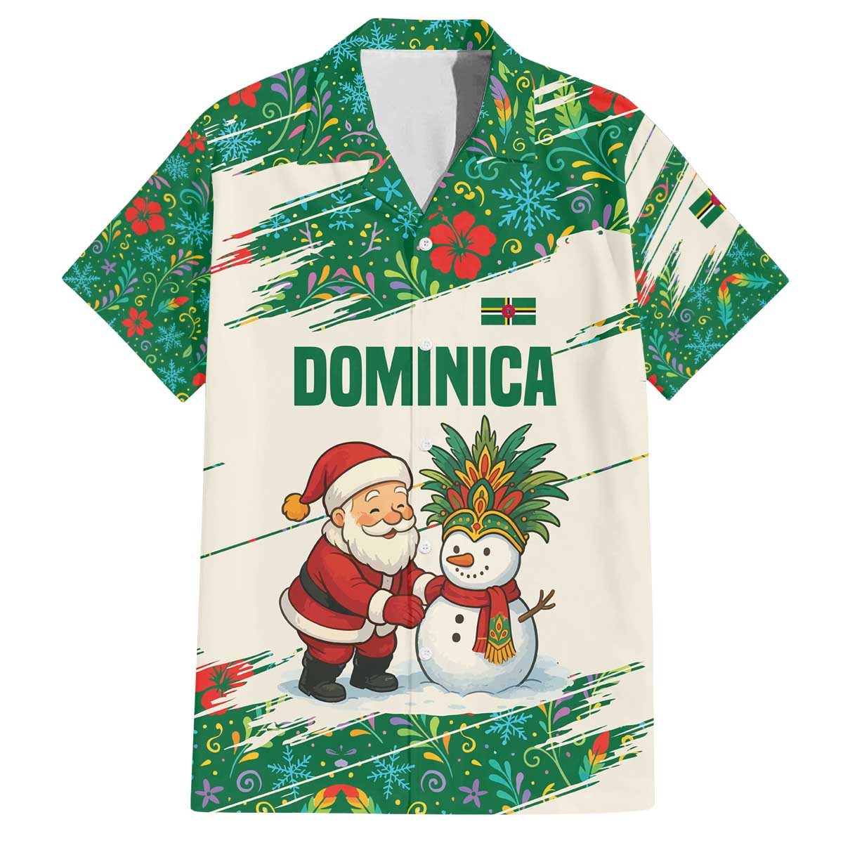Dominica Christmas Family Matching Off The Shoulder Long Sleeve Dress and Hawaiian Shirt with Santa Snowman and Tropical Carnival Headpiece - Wonder Print Shop