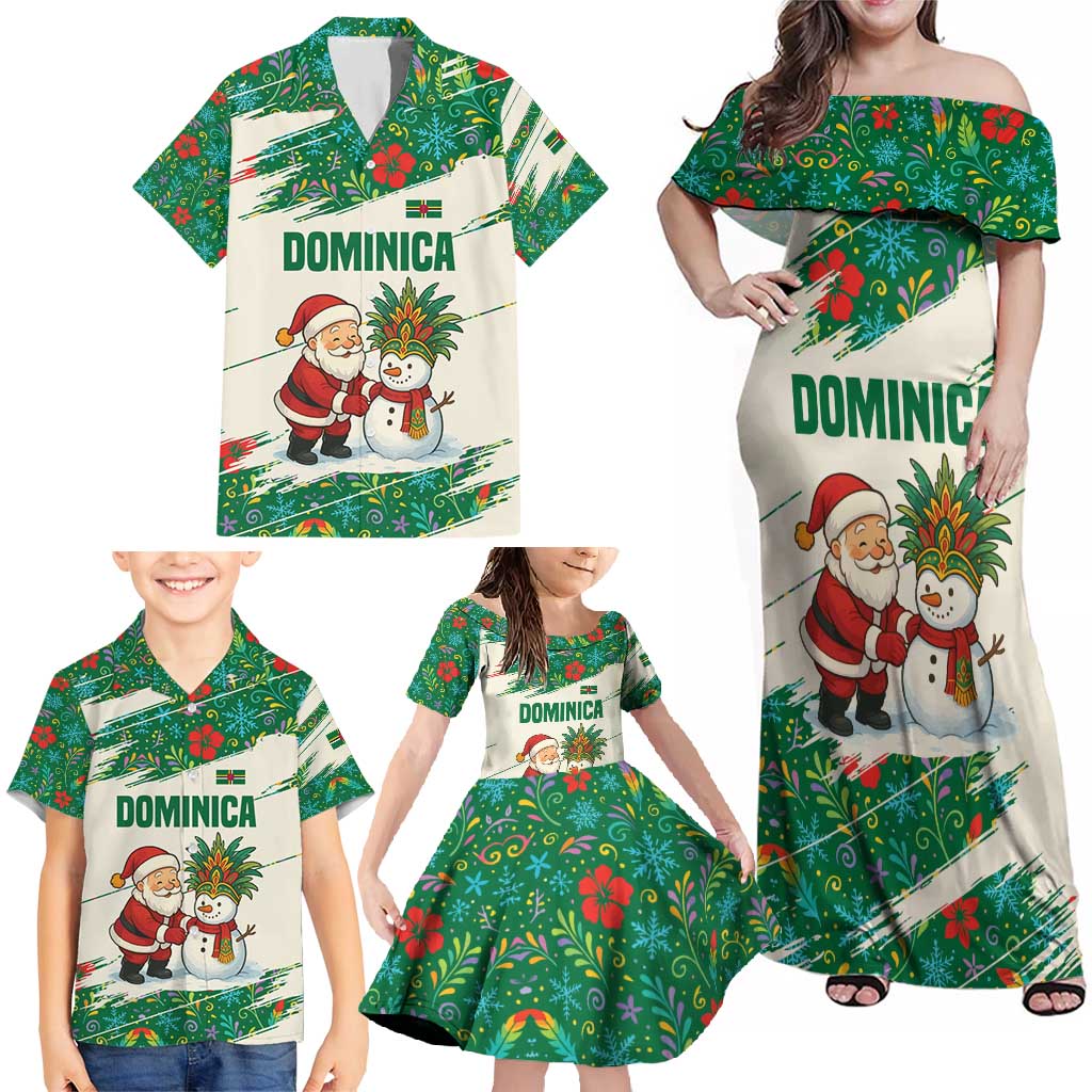 Dominica Christmas Family Matching Off Shoulder Maxi Dress and Hawaiian Shirt with Santa Snowman and Tropical Carnival Headpiece - Wonder Print Shop