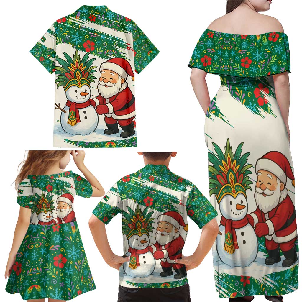 Dominica Christmas Family Matching Off Shoulder Maxi Dress and Hawaiian Shirt with Santa Snowman and Tropical Carnival Headpiece - Wonder Print Shop
