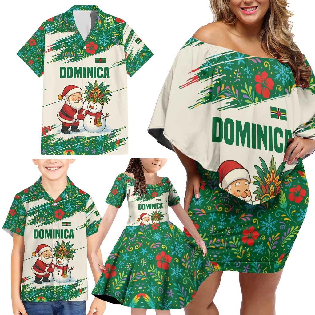 Dominica Christmas Family Matching Off Shoulder Short Dress and Hawaiian Shirt with Santa Snowman and Tropical Carnival Headpiece - Wonder Print Shop