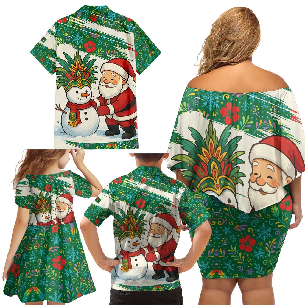 Dominica Christmas Family Matching Off Shoulder Short Dress and Hawaiian Shirt with Santa Snowman and Tropical Carnival Headpiece - Wonder Print Shop