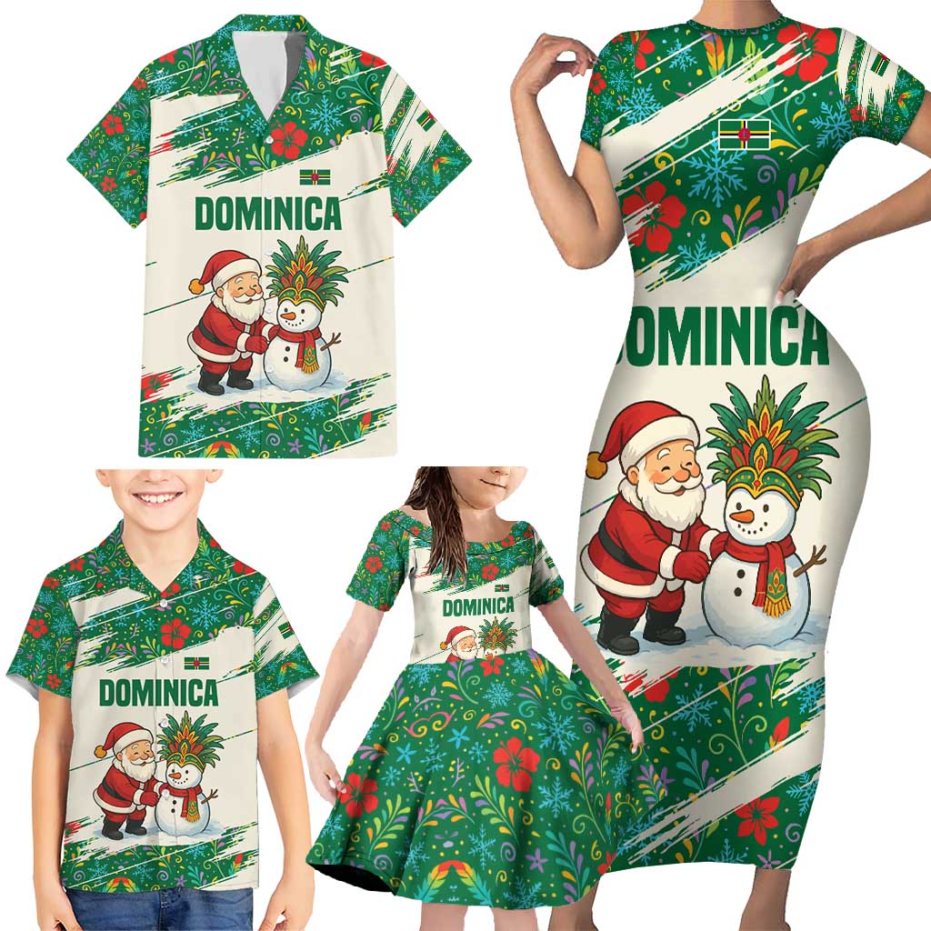 Dominica Christmas Family Matching Short Sleeve Bodycon Dress and Hawaiian Shirt with Santa Snowman and Tropical Carnival Headpiece - Wonder Print Shop