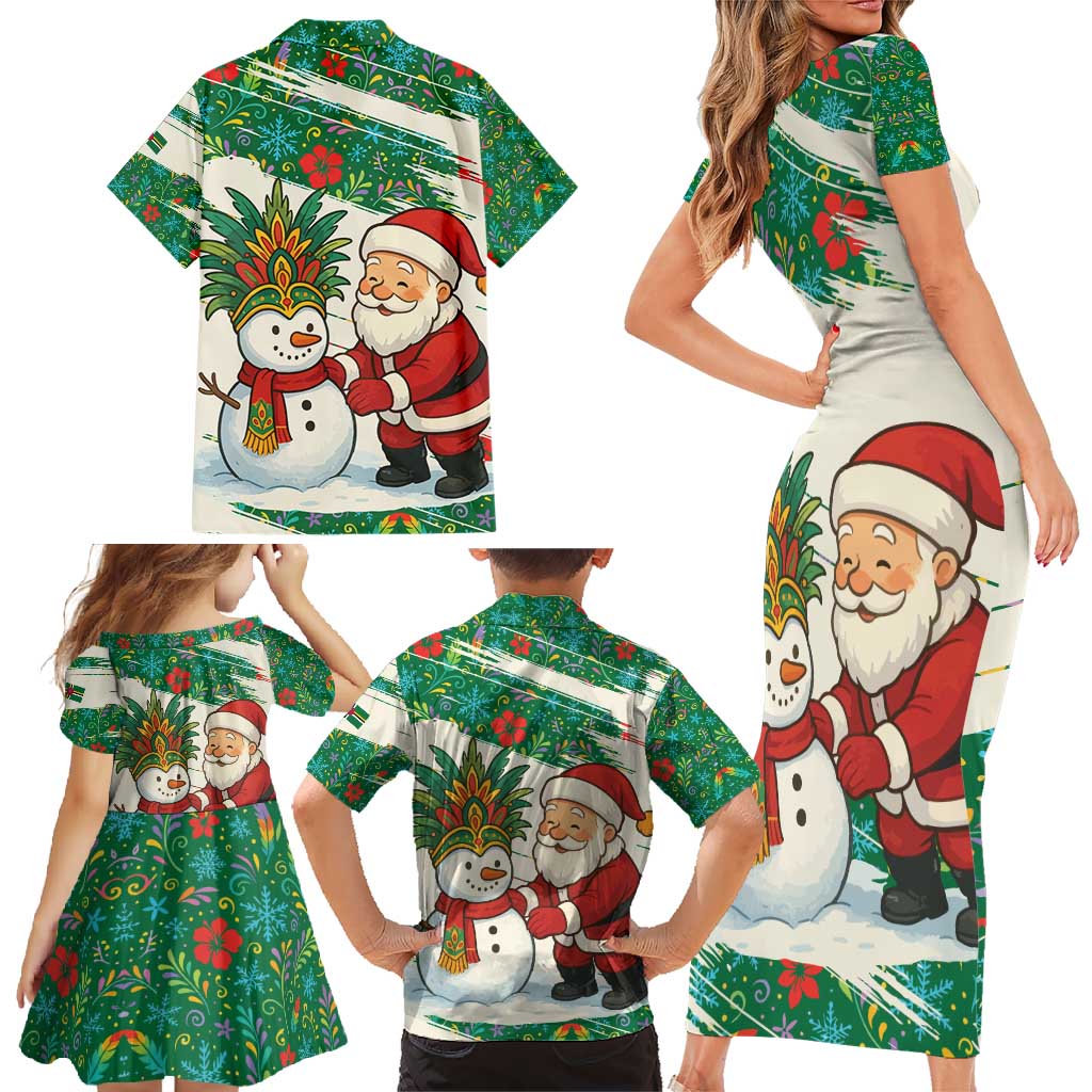 Dominica Christmas Family Matching Short Sleeve Bodycon Dress and Hawaiian Shirt with Santa Snowman and Tropical Carnival Headpiece - Wonder Print Shop