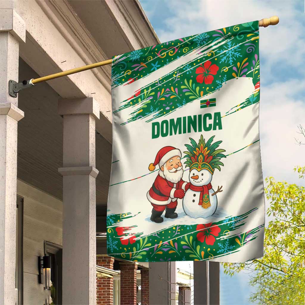 Dominica Christmas Garden Flag with Santa Snowman and Tropical Carnival Headpiece - Wonder Print Shop