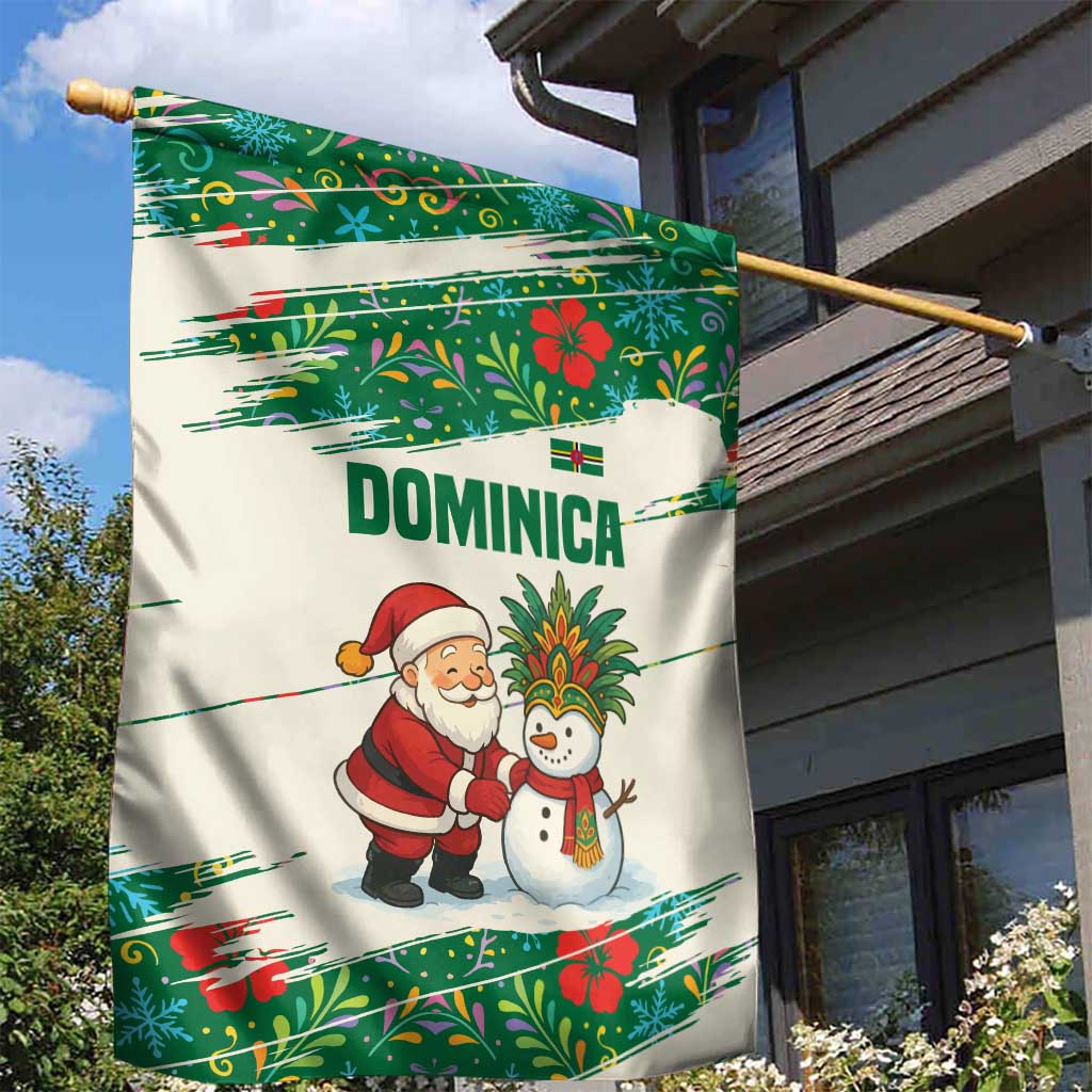 Dominica Christmas Garden Flag with Santa Snowman and Tropical Carnival Headpiece - Wonder Print Shop