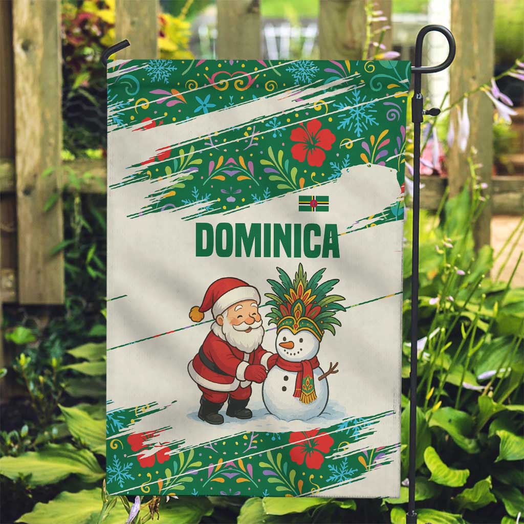 Dominica Christmas Garden Flag with Santa Snowman and Tropical Carnival Headpiece - Wonder Print Shop