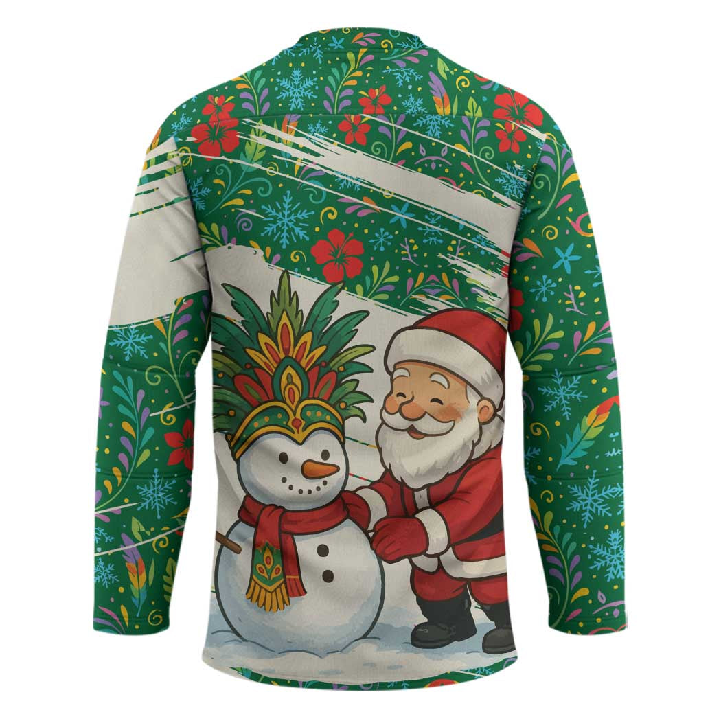 Dominica Christmas Hockey Jersey with Santa Snowman and Tropical Carnival Headpiece - Wonder Print Shop