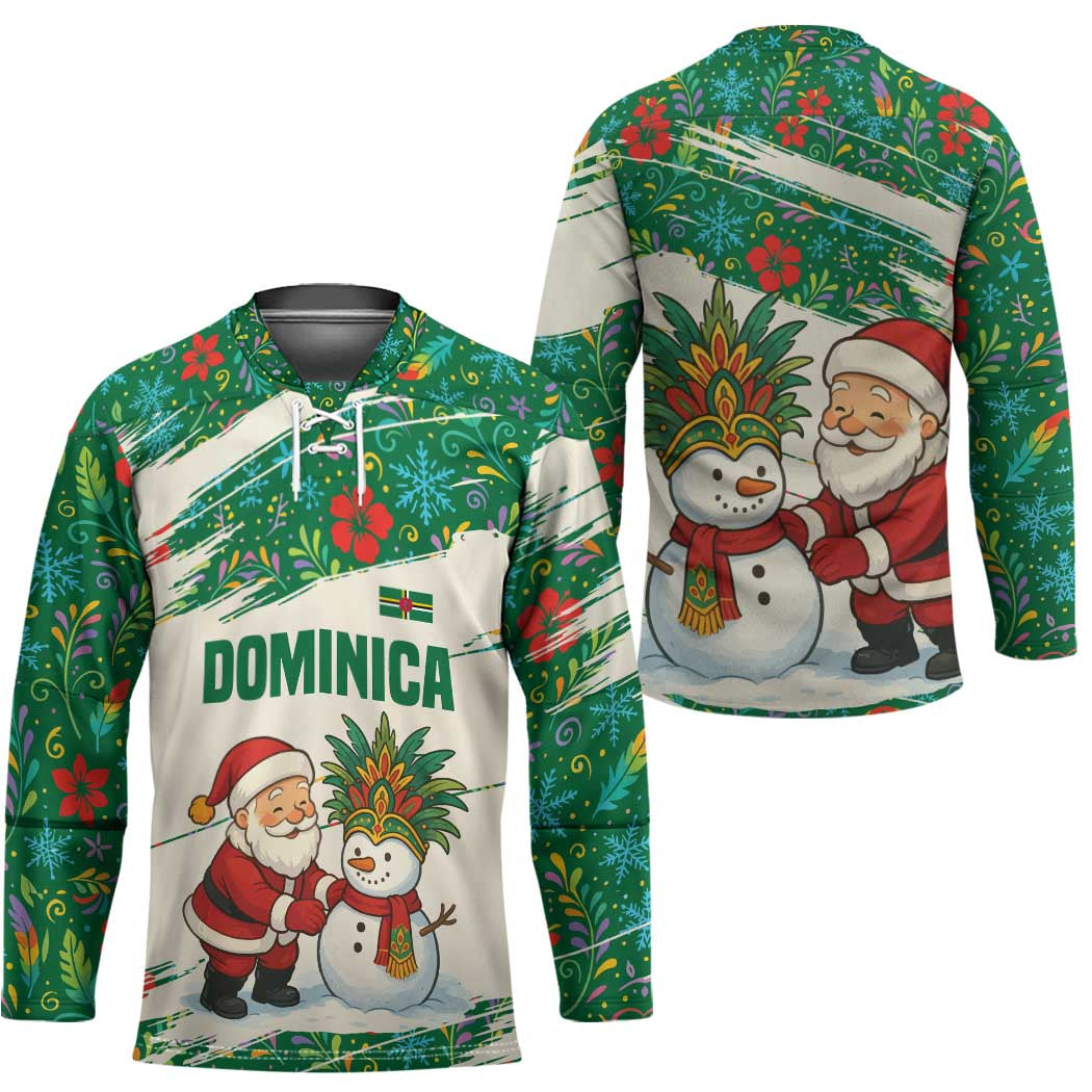 Dominica Christmas Hockey Jersey with Santa Snowman and Tropical Carnival Headpiece - Wonder Print Shop