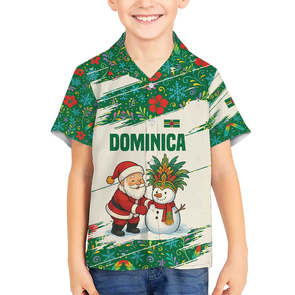Dominica Christmas Kid Hawaiian Shirt with Santa Snowman and Tropical Carnival Headpiece - Wonder Print Shop