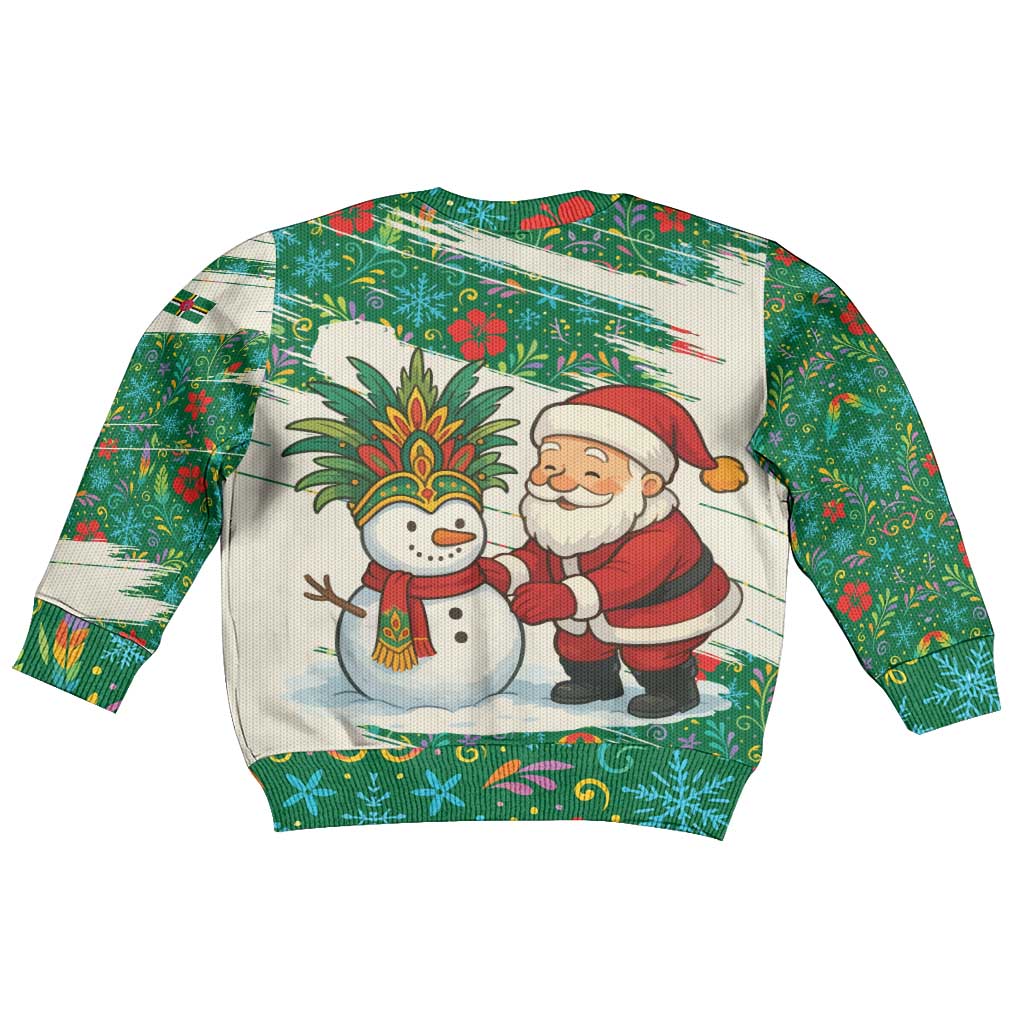 Dominica Christmas Kid Ugly Christmas Sweater with Santa Snowman and Tropical Carnival Headpiece - Wonder Print Shop