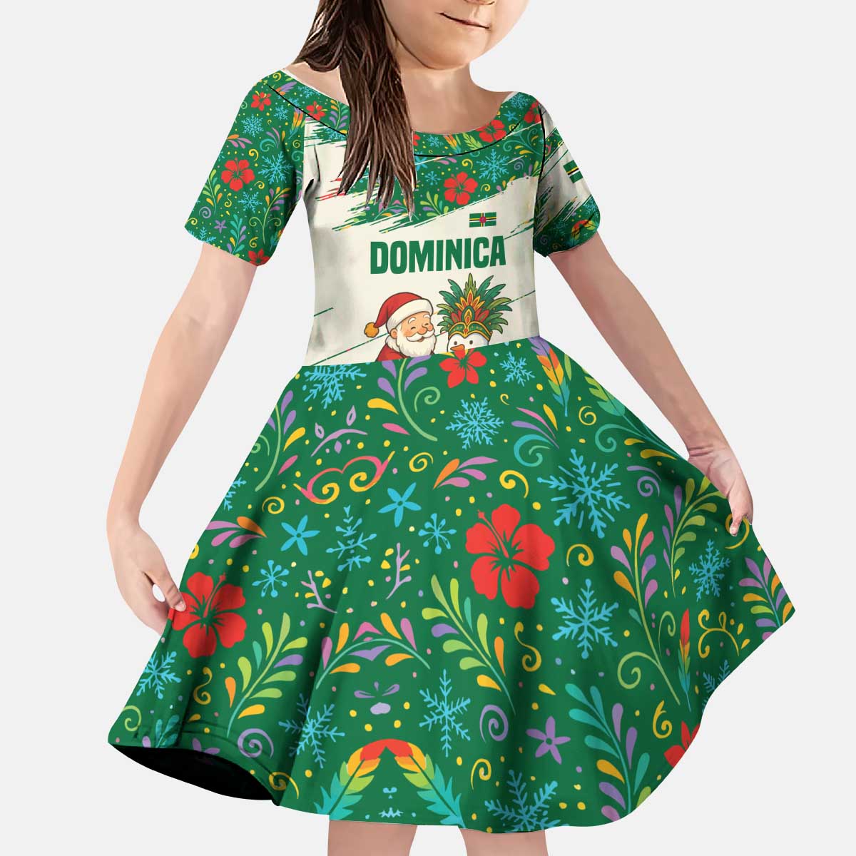 Dominica Christmas Kid Short Sleeve Dress with Santa Snowman and Tropical Carnival Headpiece - Wonder Print Shop