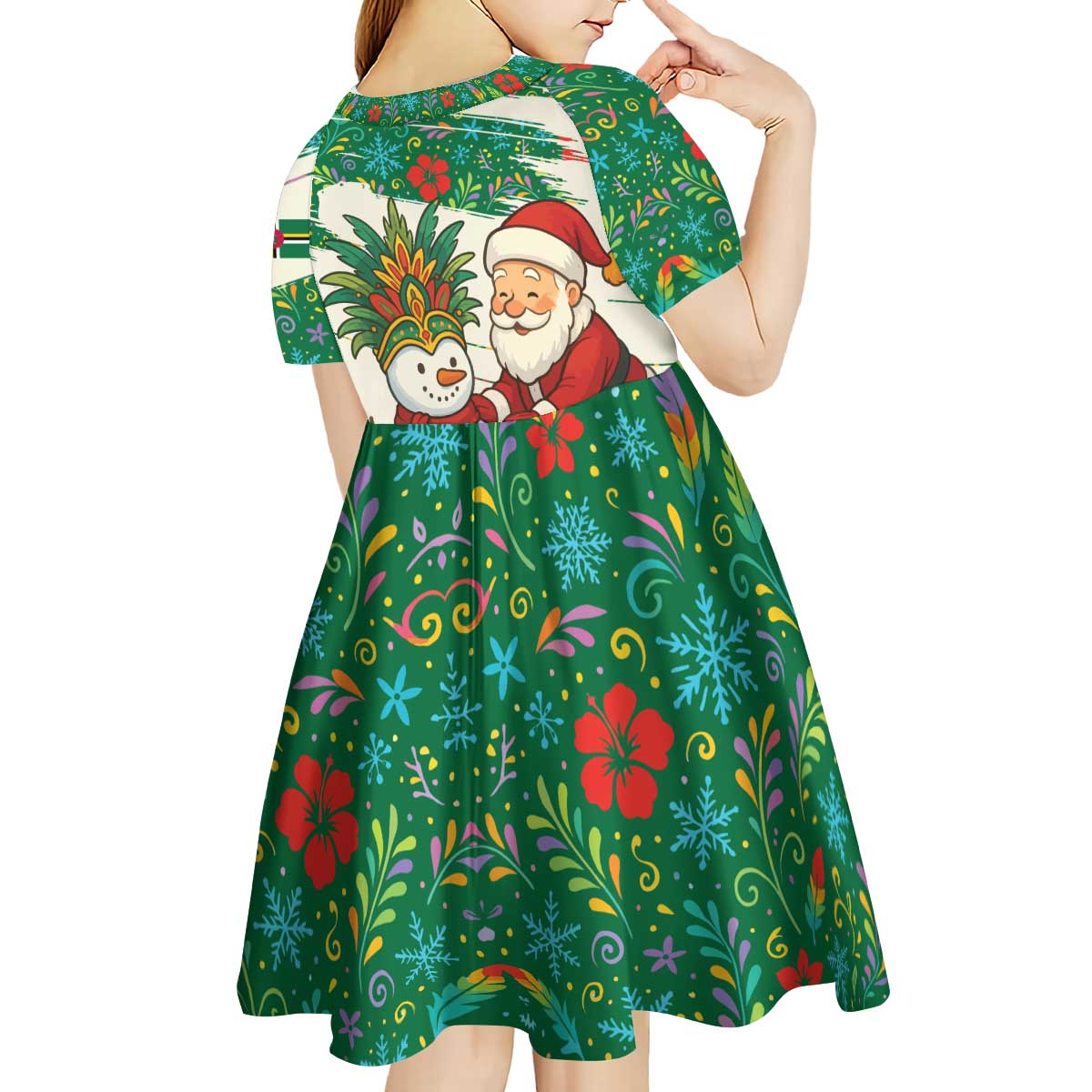 Dominica Christmas Kid Short Sleeve Dress with Santa Snowman and Tropical Carnival Headpiece - Wonder Print Shop