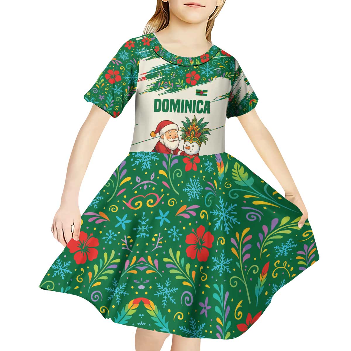 Dominica Christmas Kid Short Sleeve Dress with Santa Snowman and Tropical Carnival Headpiece - Wonder Print Shop