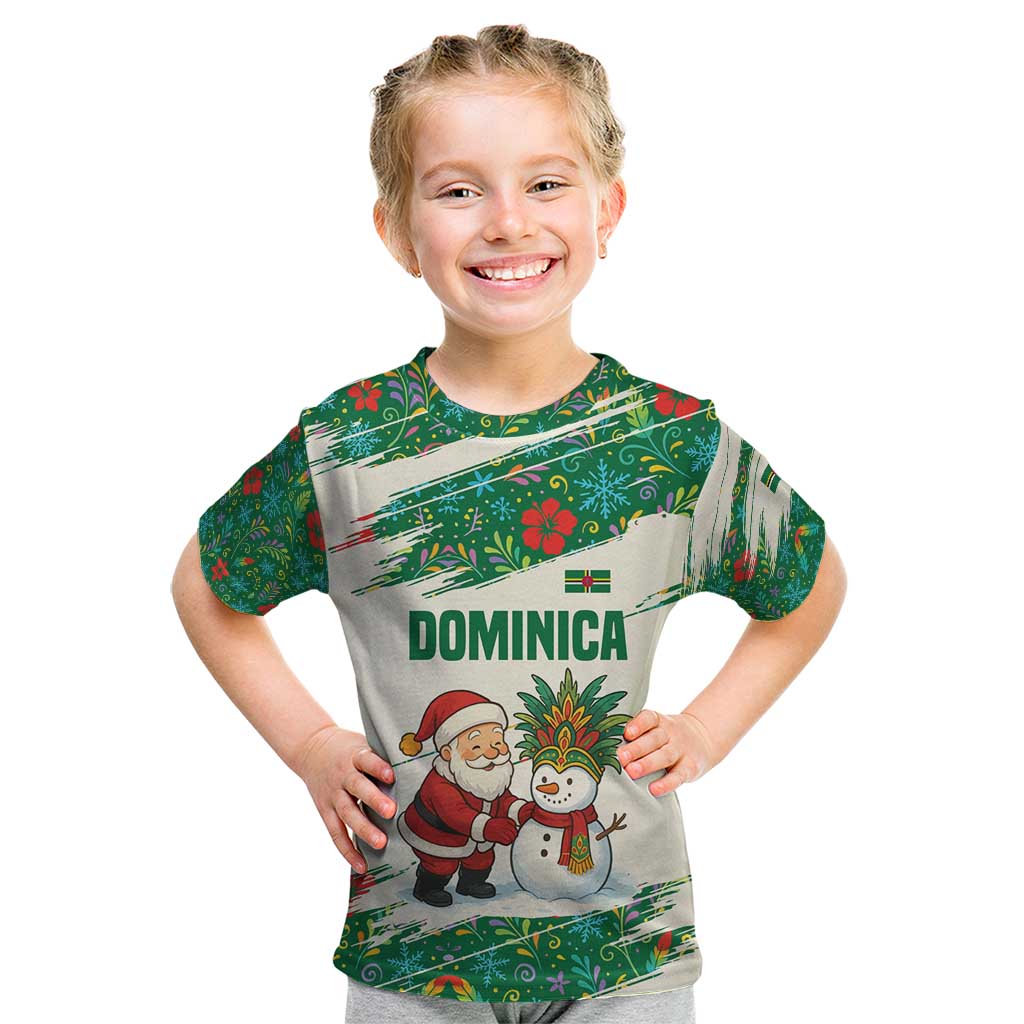 Dominica Christmas Kid T Shirt with Santa Snowman and Tropical Carnival Headpiece - Wonder Print Shop