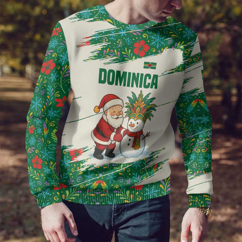 Dominica Christmas Ugly Christmas Sweater with Santa Snowman and Tropical Carnival Headpiece - Wonder Print Shop
