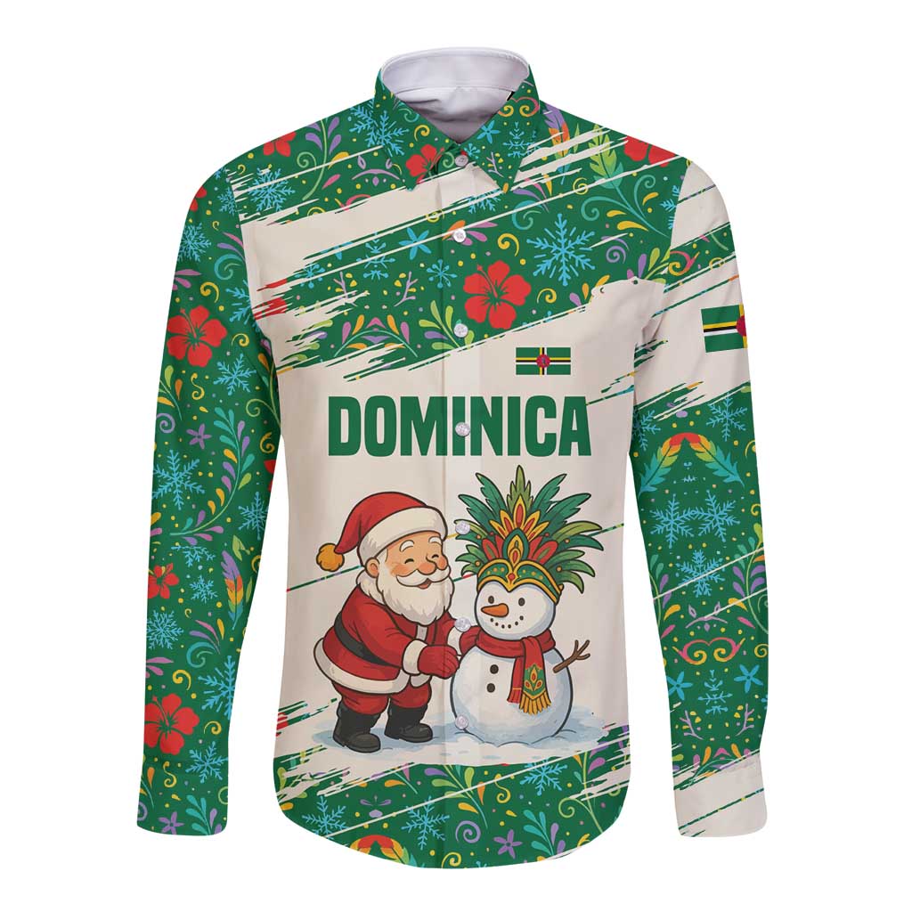 Dominica Christmas Long Sleeve Button Shirt with Santa Snowman and Tropical Carnival Headpiece - Wonder Print Shop