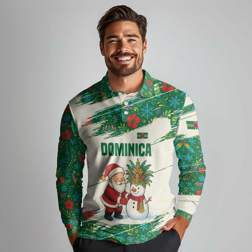 Dominica Christmas Long Sleeve Polo Shirt with Santa Snowman and Tropical Carnival Headpiece - Wonder Print Shop