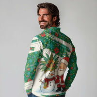 Dominica Christmas Long Sleeve Polo Shirt with Santa Snowman and Tropical Carnival Headpiece - Wonder Print Shop