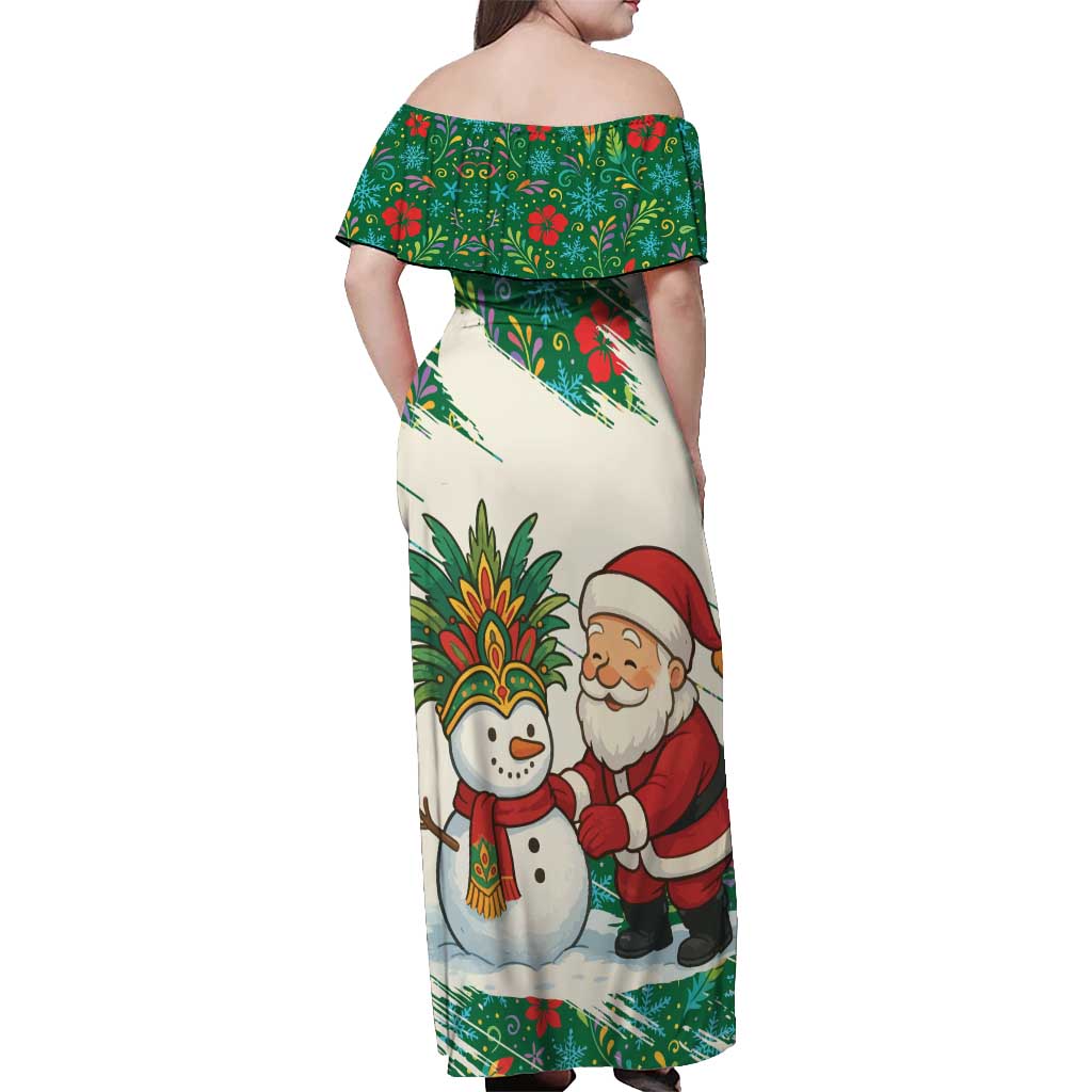 Dominica Christmas Off Shoulder Maxi Dress with Santa Snowman and Tropical Carnival Headpiece - Wonder Print Shop
