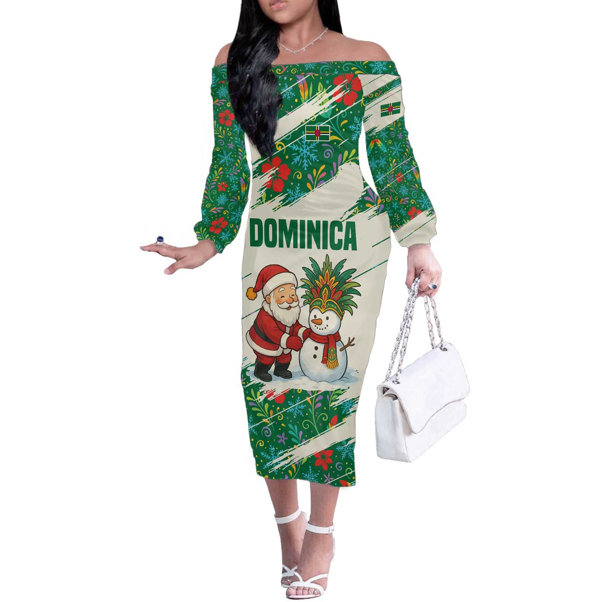 Dominica Christmas Off The Shoulder Long Sleeve Dress with Santa Snowman and Tropical Carnival Headpiece - Wonder Print Shop