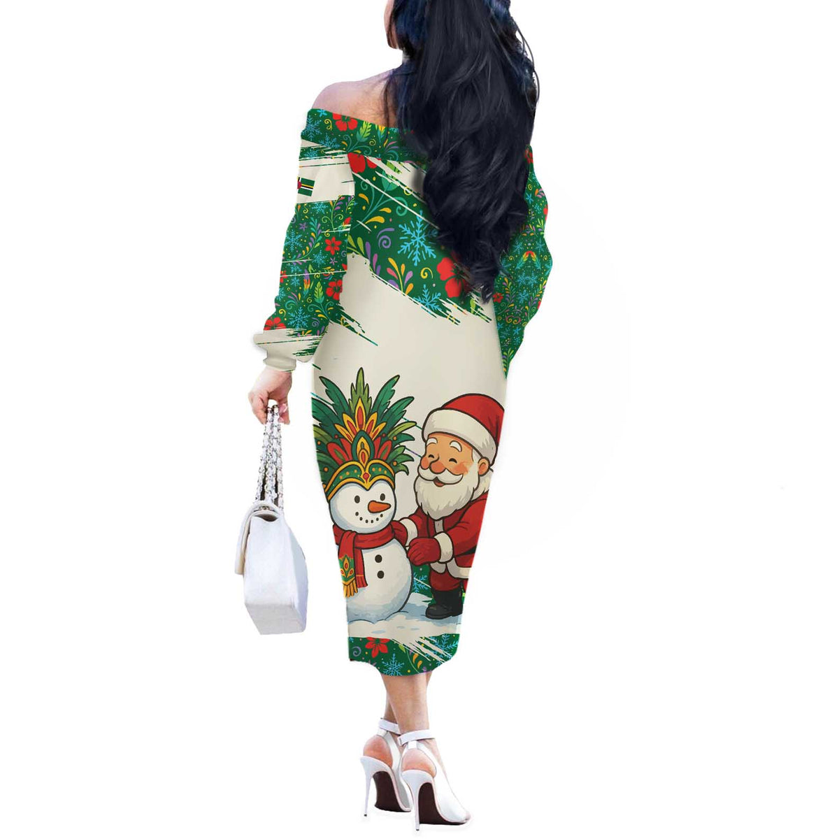 Dominica Christmas Off The Shoulder Long Sleeve Dress with Santa Snowman and Tropical Carnival Headpiece - Wonder Print Shop
