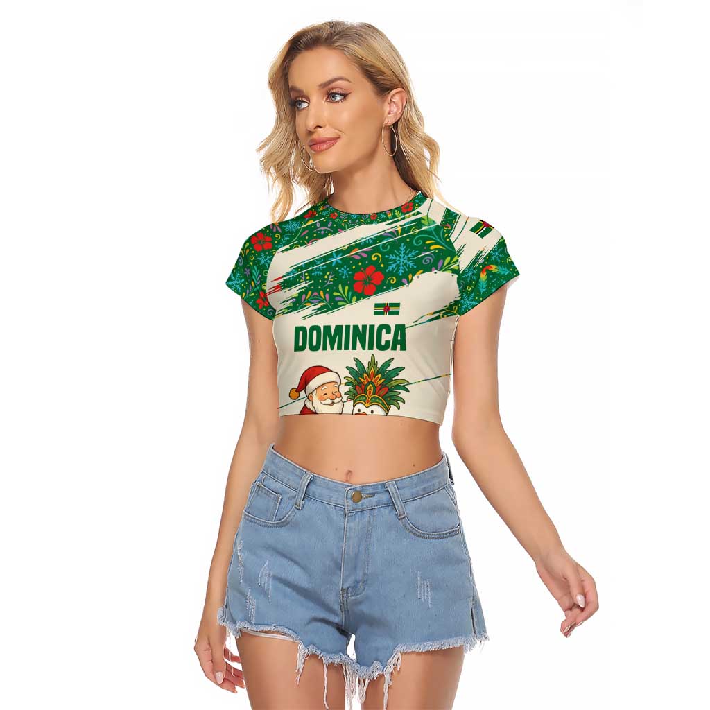 Dominica Christmas Raglan Cropped T Shirt with Santa Snowman and Tropical Carnival Headpiece - Wonder Print Shop