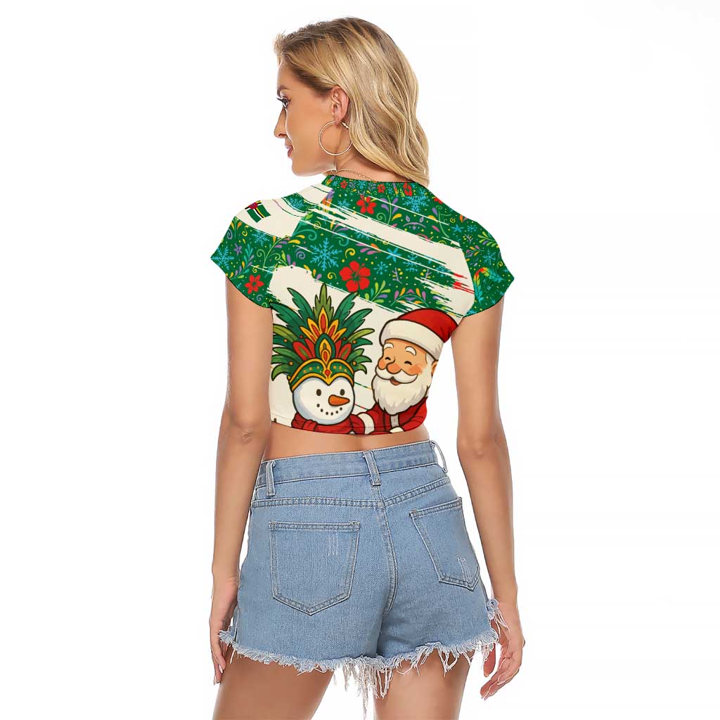Dominica Christmas Raglan Cropped T Shirt with Santa Snowman and Tropical Carnival Headpiece - Wonder Print Shop