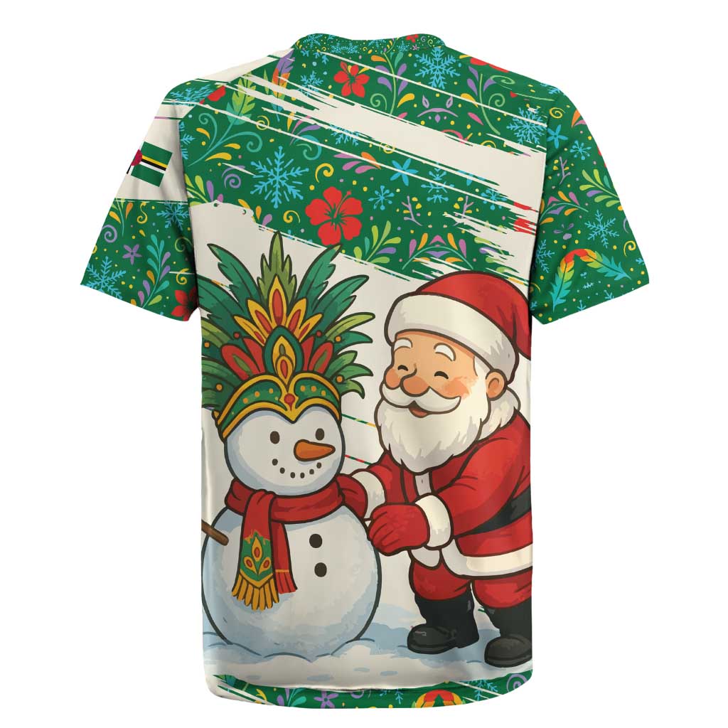 Dominica Christmas Rugby Jersey with Santa Snowman and Tropical Carnival Headpiece - Wonder Print Shop