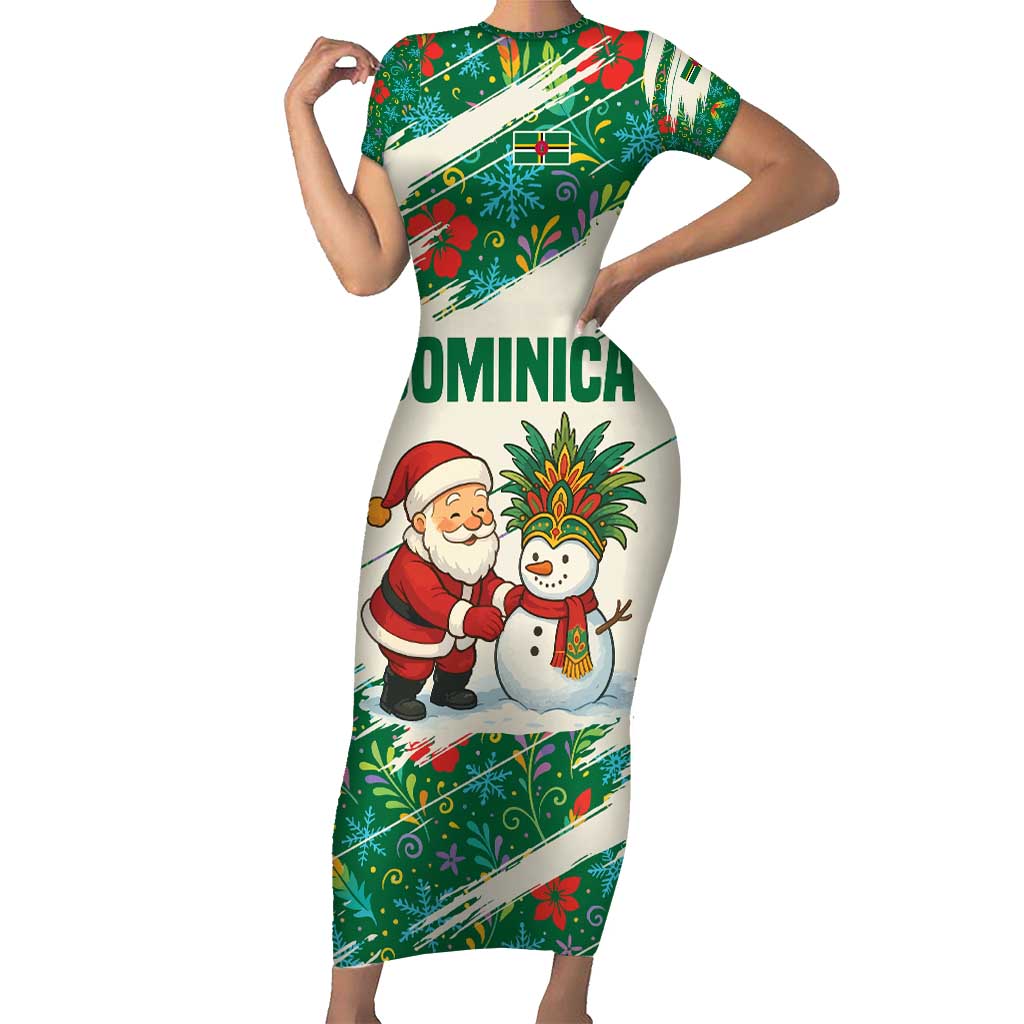 Dominica Christmas Short Sleeve Bodycon Dress with Santa Snowman and Tropical Carnival Headpiece - Wonder Print Shop