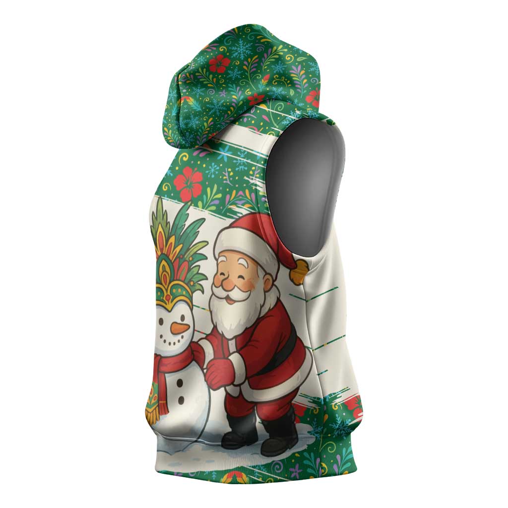 Dominica Christmas Sleeveless Hoodie with Santa Snowman and Tropical Carnival Headpiece - Wonder Print Shop