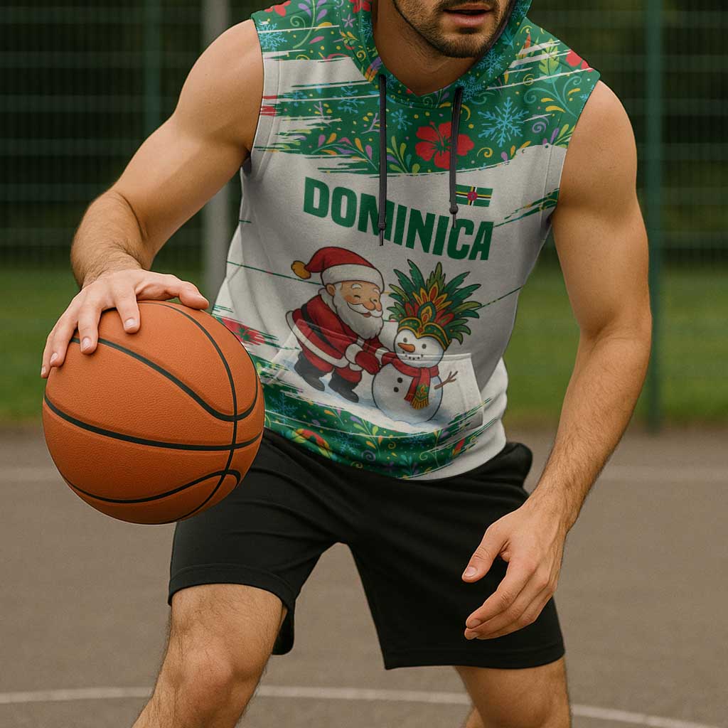 Dominica Christmas Sleeveless Hoodie with Santa Snowman and Tropical Carnival Headpiece - Wonder Print Shop