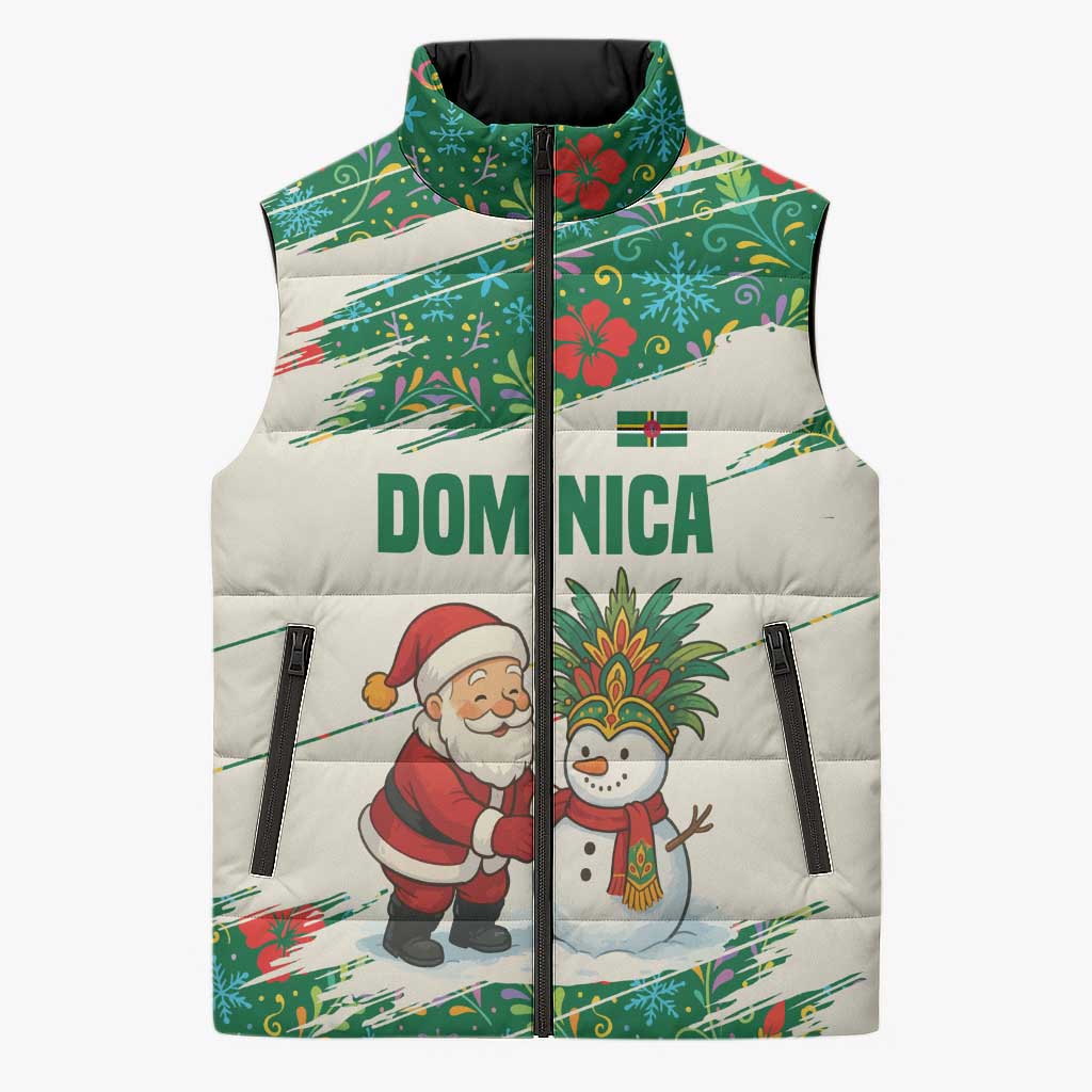 Dominica Christmas Sleeveless Puffer Jacket with Santa Snowman and Tropical Carnival Headpiece - Wonder Print Shop