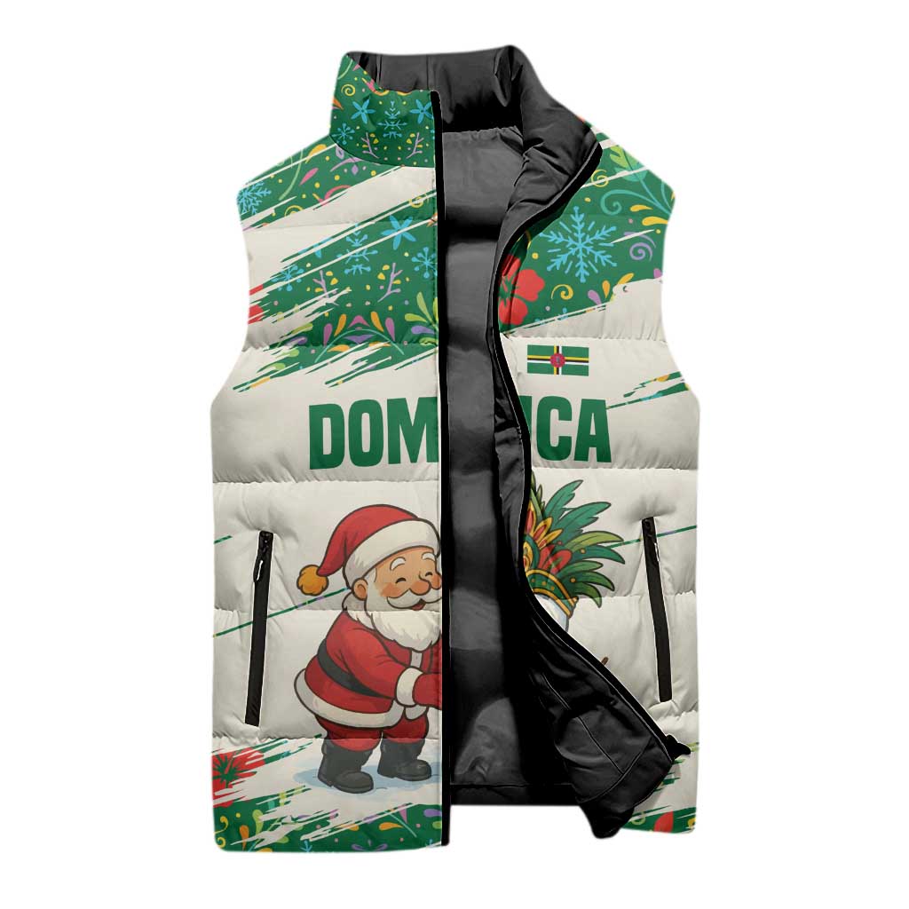 Dominica Christmas Sleeveless Puffer Jacket with Santa Snowman and Tropical Carnival Headpiece - Wonder Print Shop