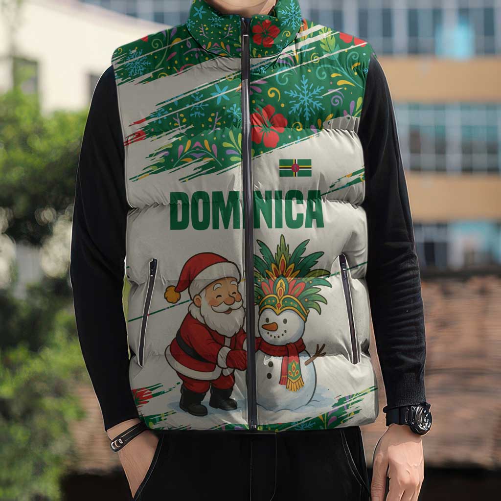 Dominica Christmas Sleeveless Puffer Jacket with Santa Snowman and Tropical Carnival Headpiece - Wonder Print Shop