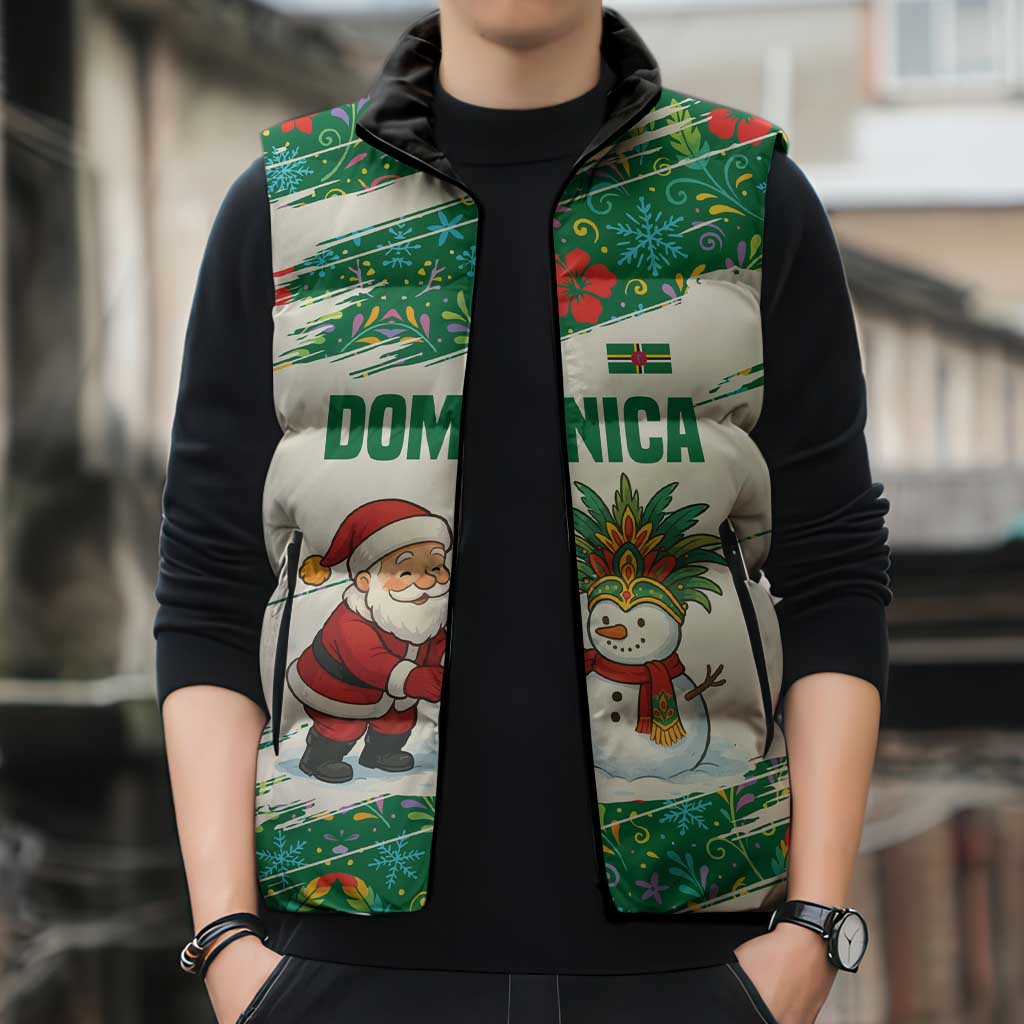 Dominica Christmas Sleeveless Puffer Jacket with Santa Snowman and Tropical Carnival Headpiece - Wonder Print Shop