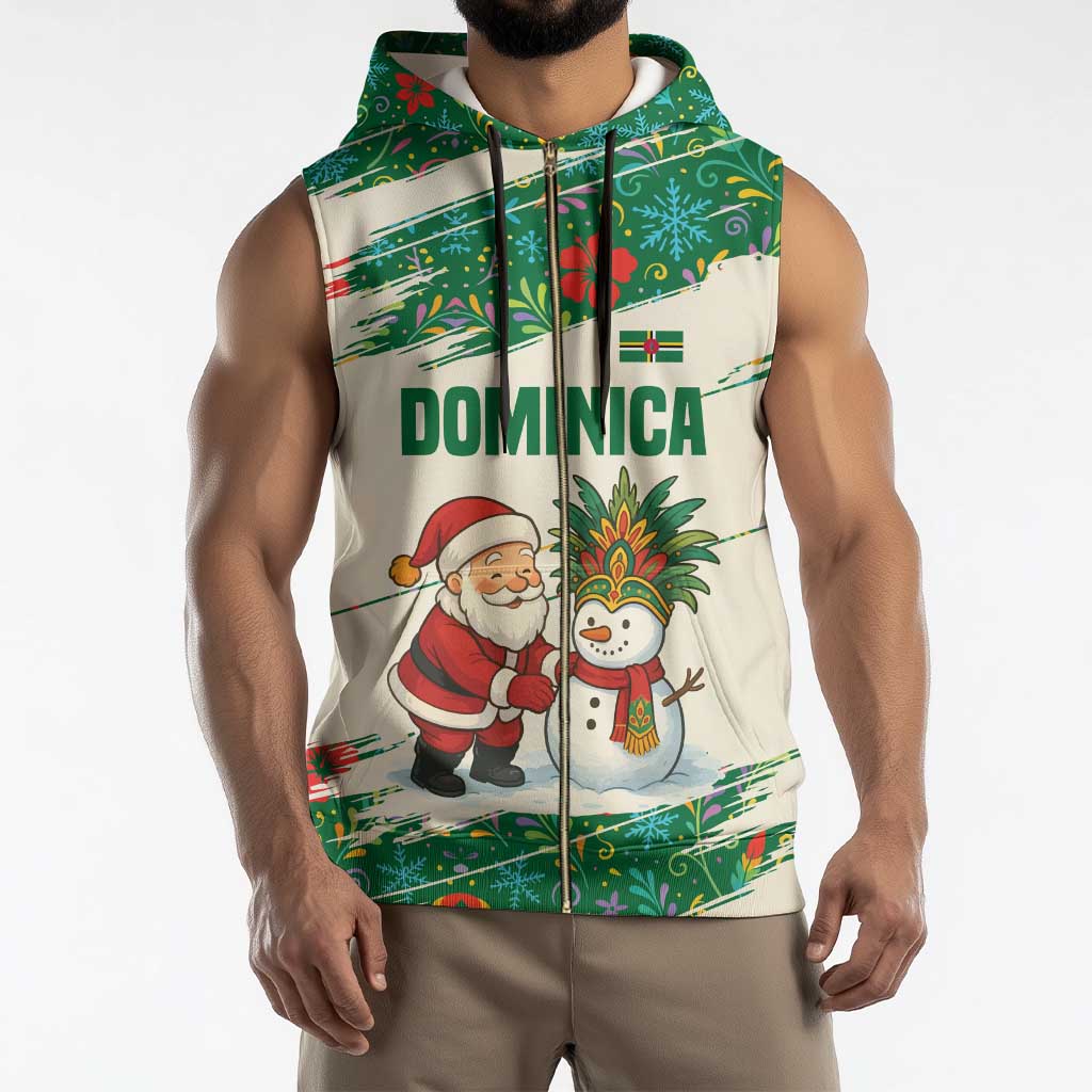 Dominica Christmas Sleeveless Zip Hoodie with Santa Snowman and Tropical Carnival Headpiece - Wonder Print Shop