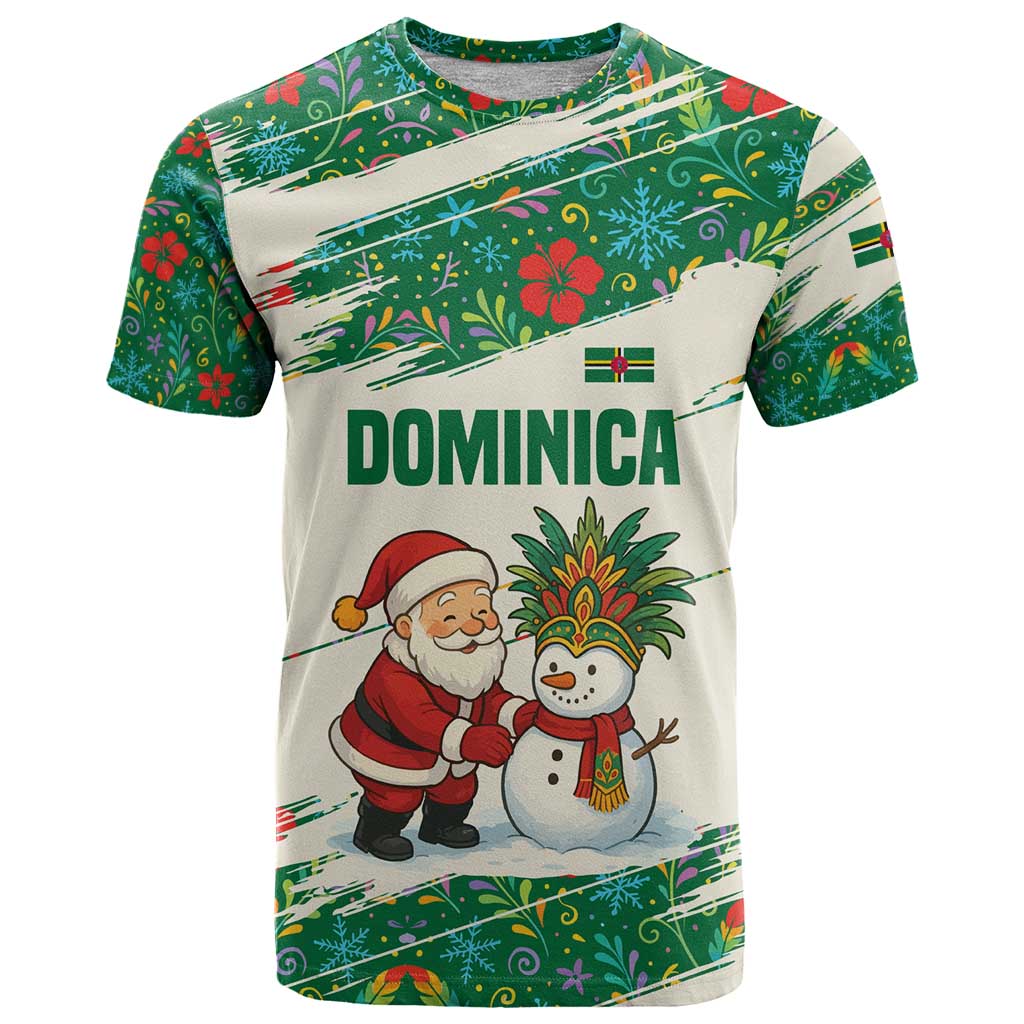 Dominica Christmas T Shirt with Santa Snowman and Tropical Carnival Headpiece - Wonder Print Shop