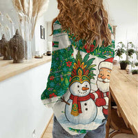 Dominica Christmas Women Casual Shirt with Santa Snowman and Tropical Carnival Headpiece - Wonder Print Shop