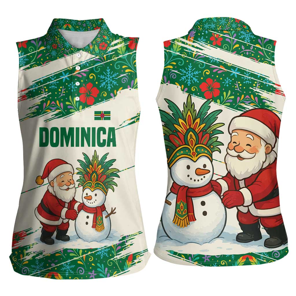 Dominica Christmas Women Sleeveless Polo Shirt with Santa Snowman and Tropical Carnival Headpiece - Wonder Print Shop