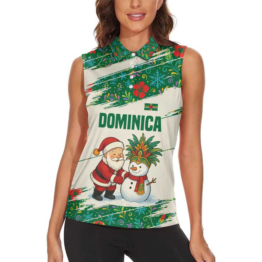 Dominica Christmas Women Sleeveless Polo Shirt with Santa Snowman and Tropical Carnival Headpiece - Wonder Print Shop