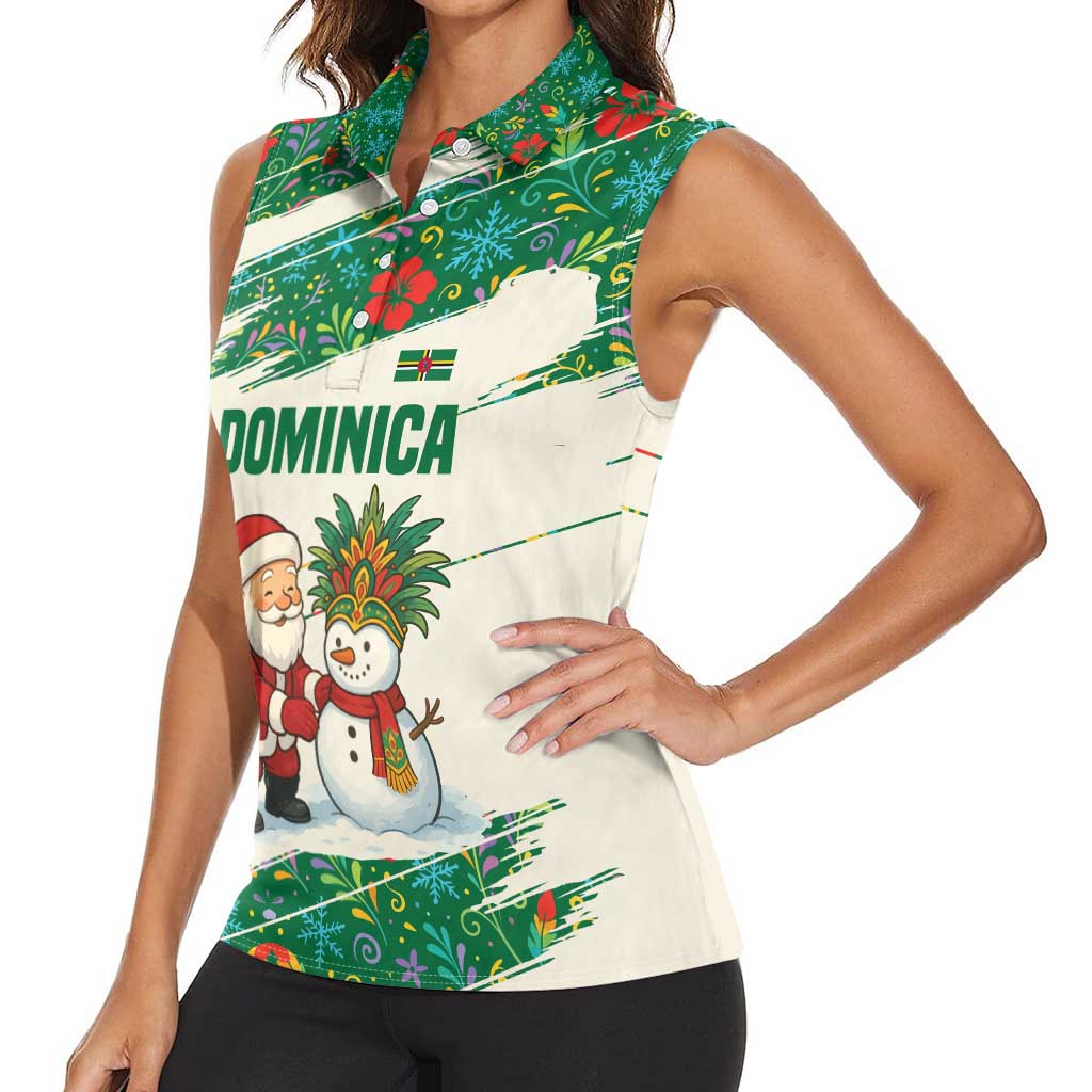 Dominica Christmas Women Sleeveless Polo Shirt with Santa Snowman and Tropical Carnival Headpiece - Wonder Print Shop