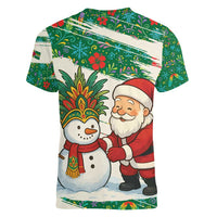 Dominica Christmas Women V-Neck T-Shirt with Santa Snowman and Tropical Carnival Headpiece - Wonder Print Shop