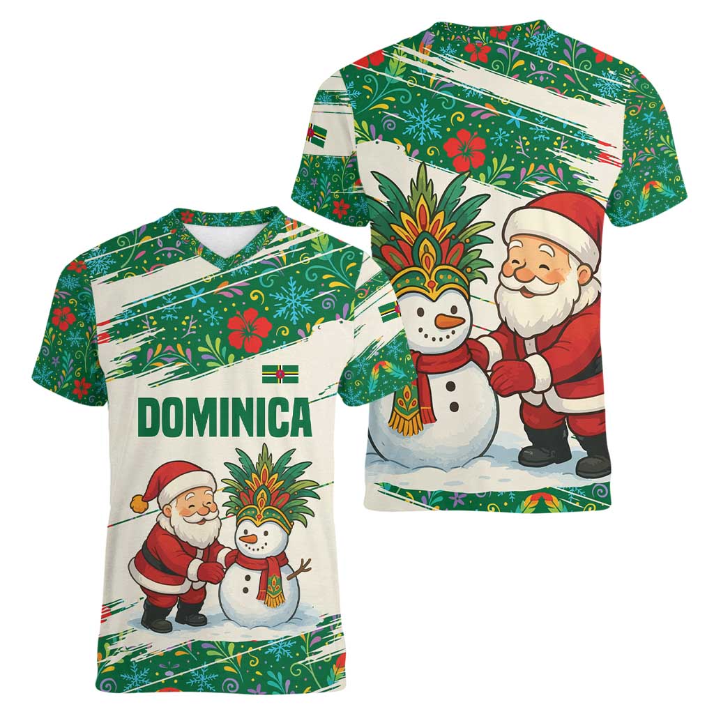 Dominica Christmas Women V-Neck T-Shirt with Santa Snowman and Tropical Carnival Headpiece - Wonder Print Shop