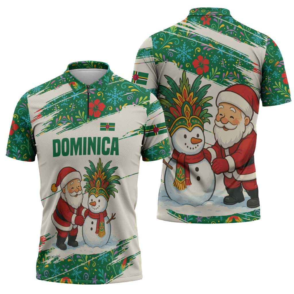 Dominica Christmas Zipper Polo Shirt with Santa Snowman and Tropical Carnival Headpiece - Wonder Print Shop