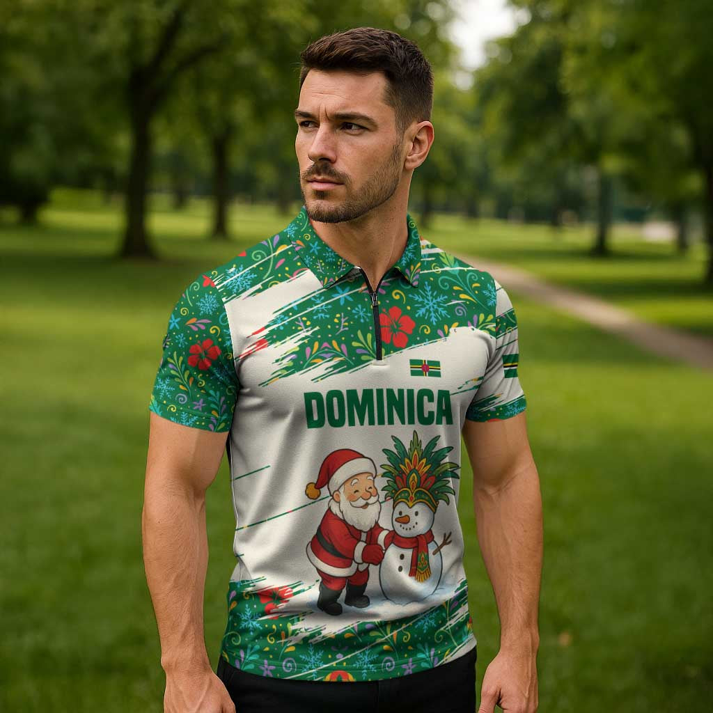Dominica Christmas Zipper Polo Shirt with Santa Snowman and Tropical Carnival Headpiece - Wonder Print Shop