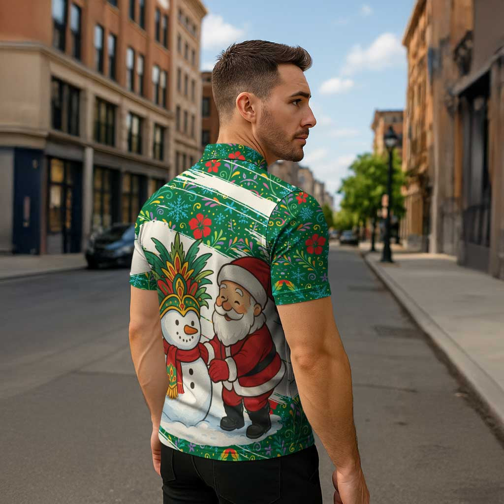 Dominica Christmas Zipper Polo Shirt with Santa Snowman and Tropical Carnival Headpiece - Wonder Print Shop
